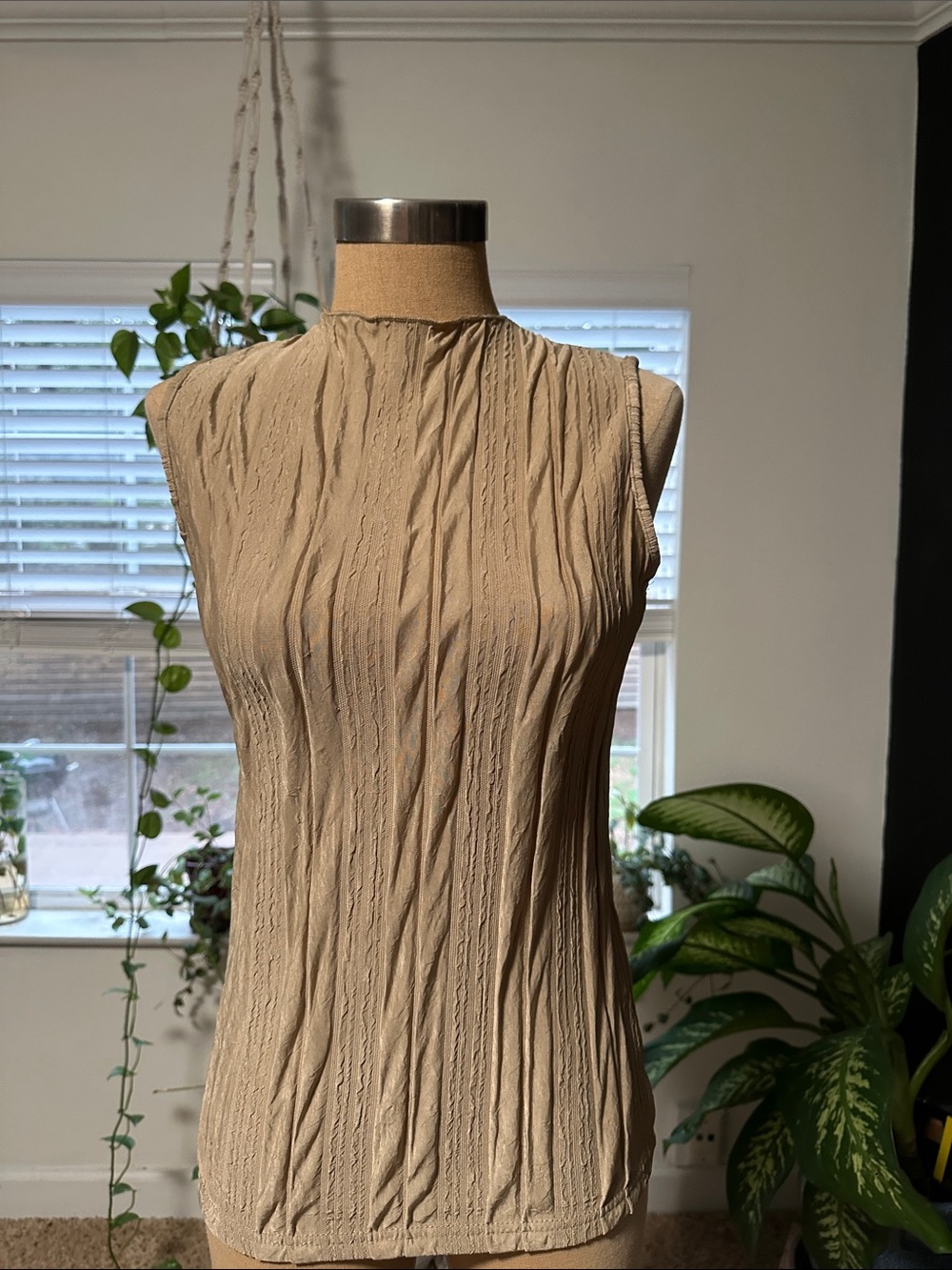 Sleeveless Crinkle Mock Neck Dress - Beige
